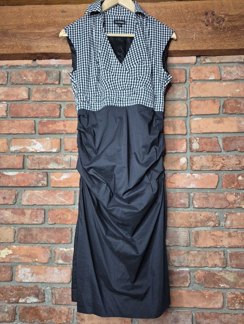 Le Château Black White Gingham Ruched Midi Dress Collared Cocktail M